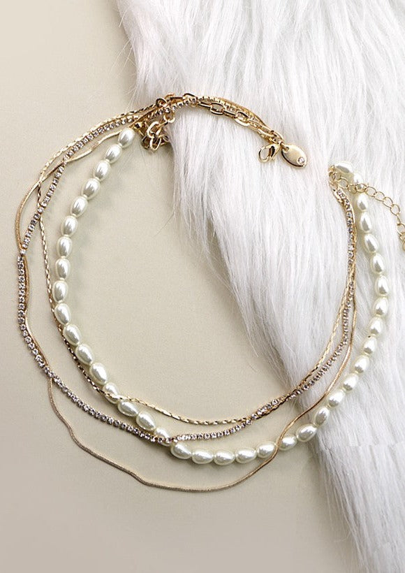 Rhinestone & Pearl Layered Necklace Gold