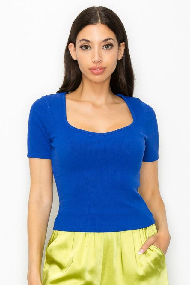 Square Neck Ribbed Solid Top Blue