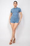 Zip-Up Pocket Collared Denim Romper