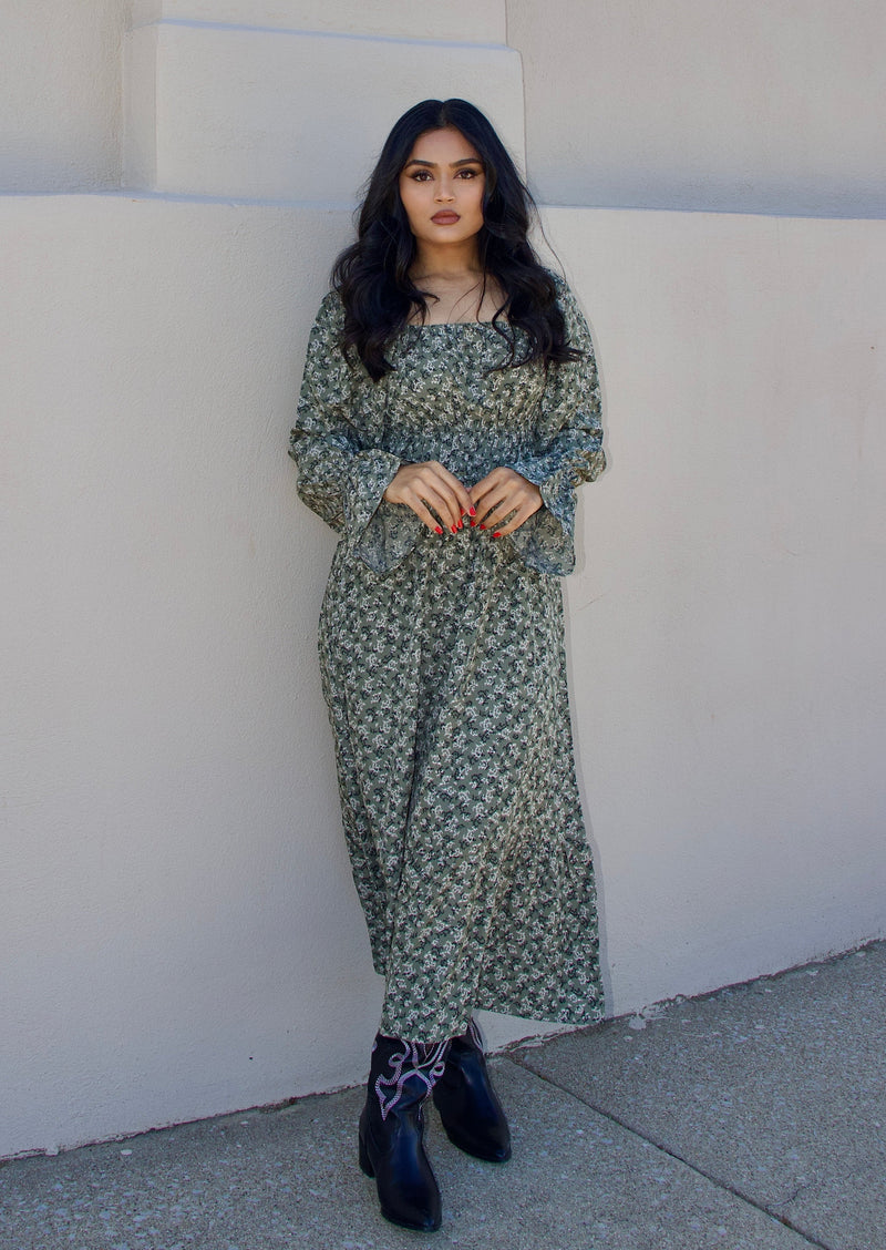Fall Florals Longsleeve Midi Dress Olive
