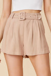 "A Pocket For You" Pleated Belt Shorts - Tan