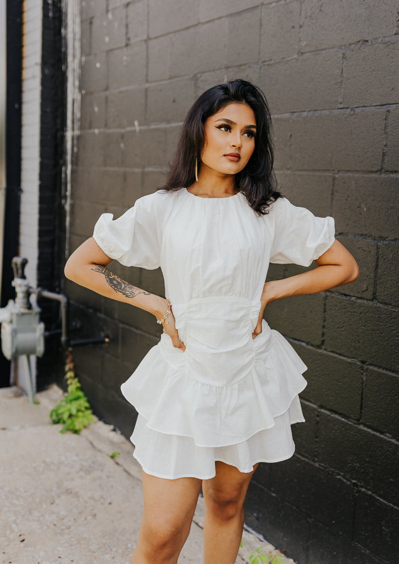"Head In The Clouds" Ruched Waist Dress - White