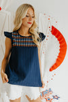 "The Fireside" Navy Embroidered Top