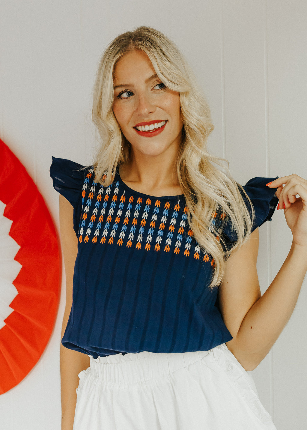 "The Fireside" Navy Embroidered Top