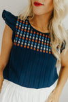 "The Fireside" Navy Embroidered Top