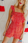 "Feel This Magic" Printed Ruffle Sleeve Romper - Red