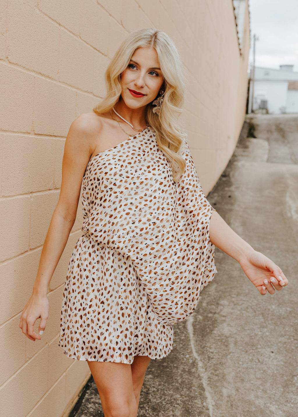 "Sweet Spot" Cream Printed One-Shoulder Dress