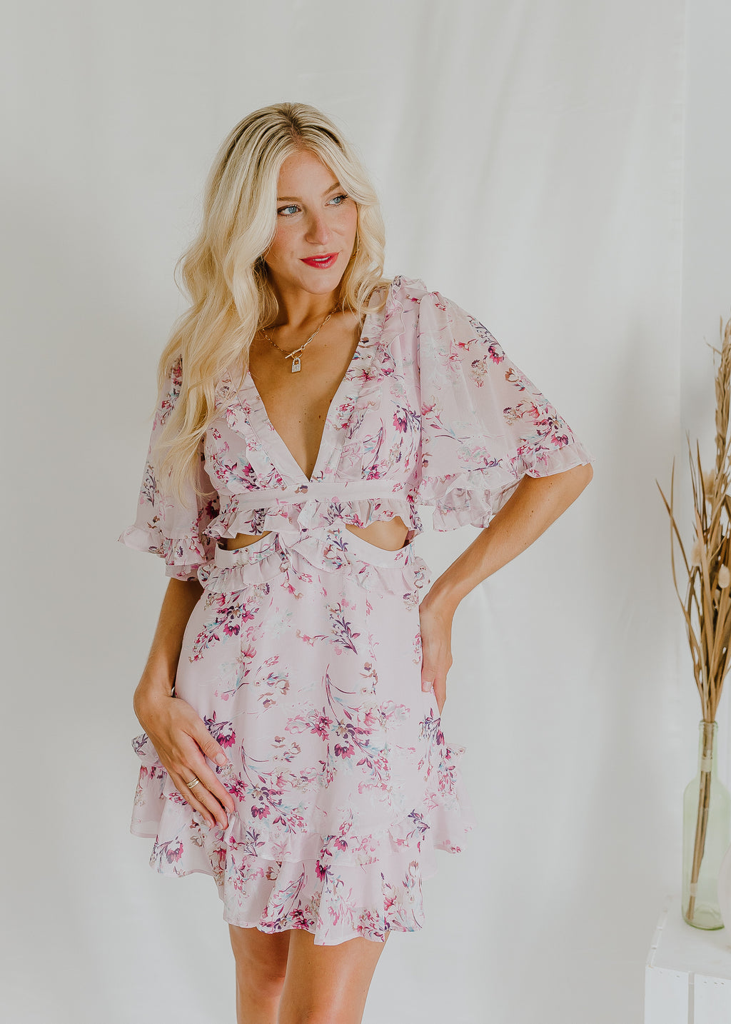 "Forever’s Not Enough" Floral Ruffle Cut-Out Dress - Lt. Pink