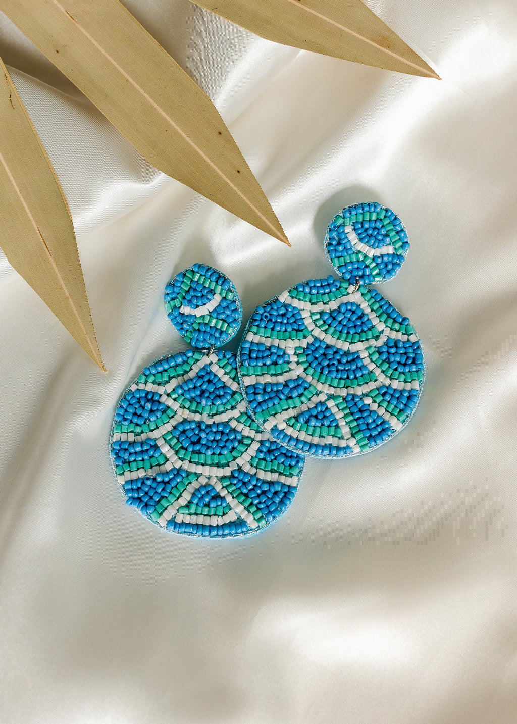 Lg. Beaded Wave Statement Earrings - Blue