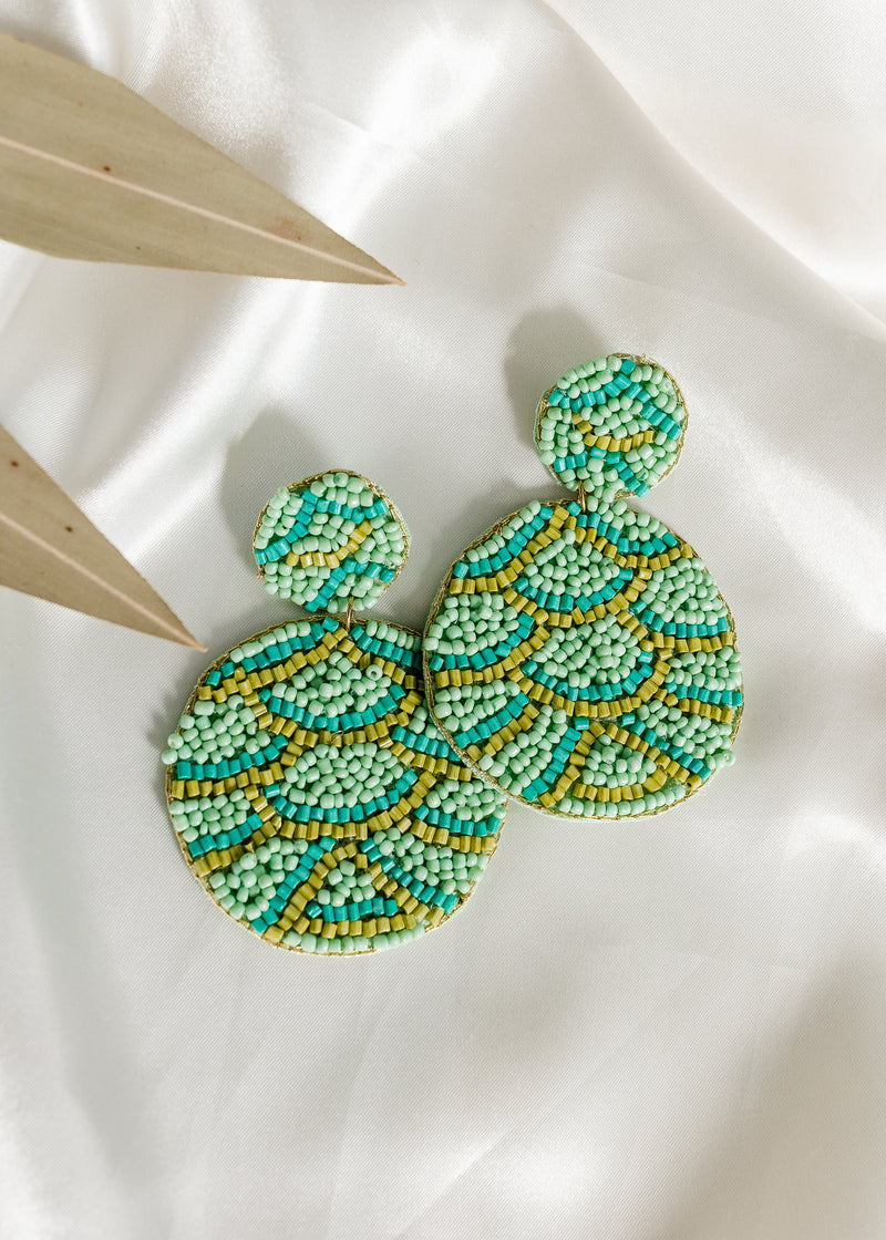 Lg. Beaded Wave Statement Earrings - Green
