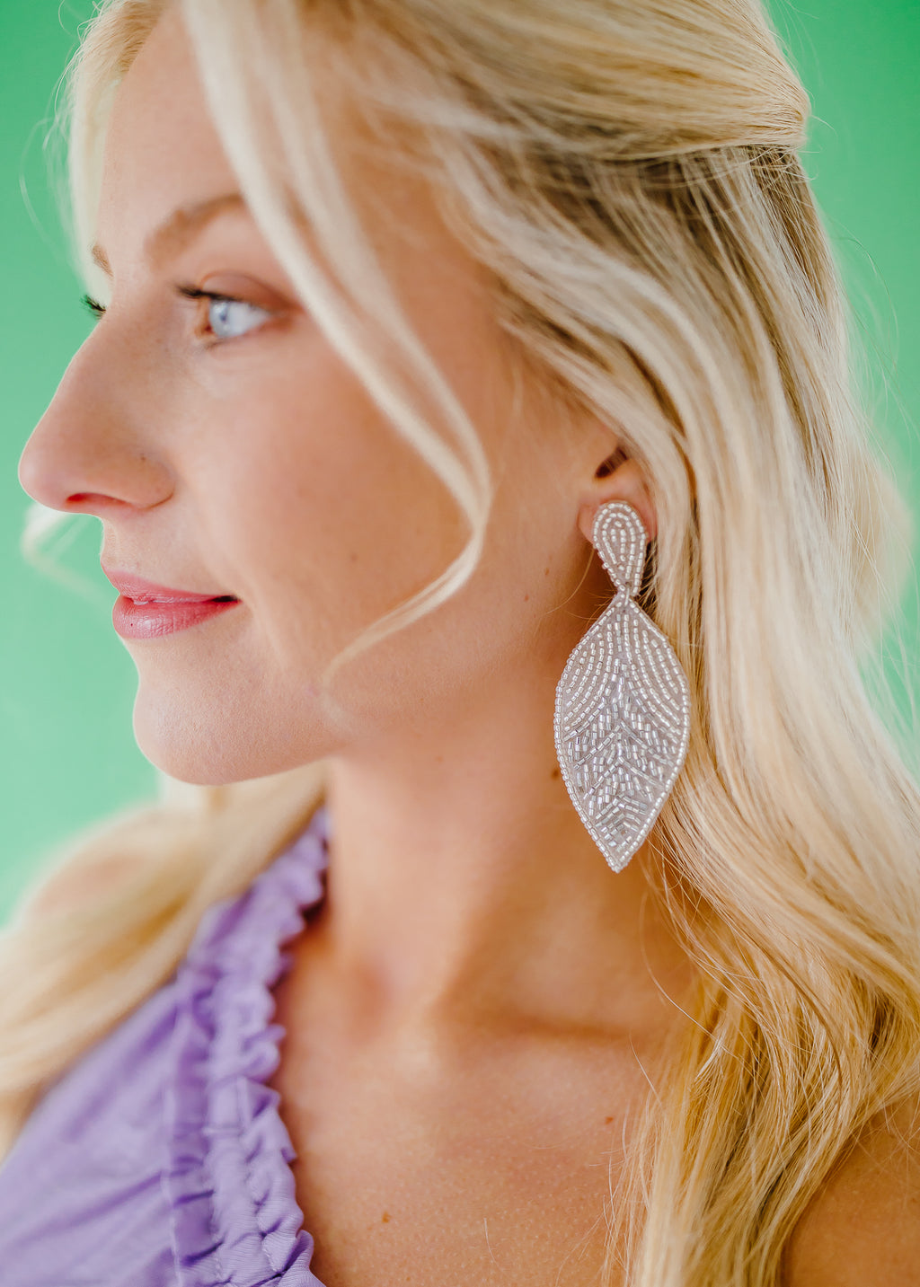 Beaded Leaf Statement Earrings - Silver