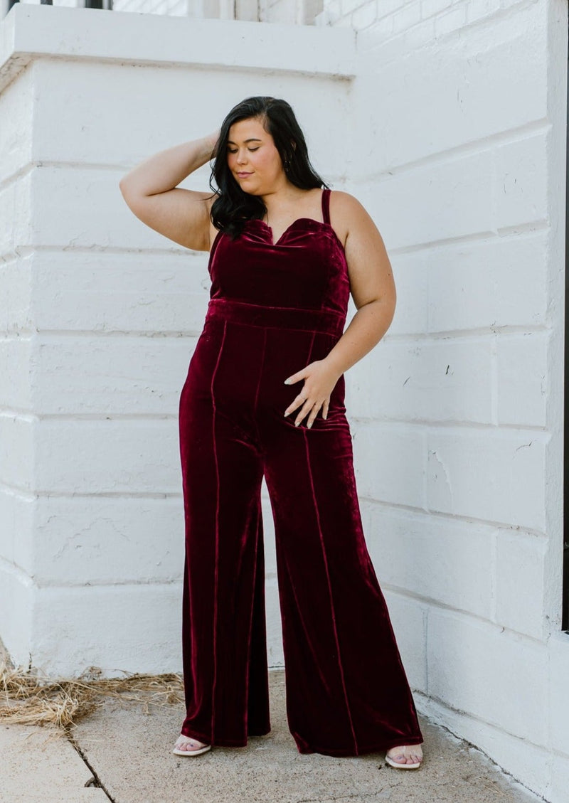 "Crisp Night" Red Velvet Jumpsuit - XL+